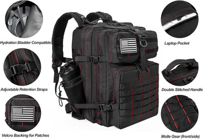 LHI Military Tactical Backpack for Men and Women 45L Army 3 Days Assault Pack Bag Large Rucksack with Molle System - Black With Red Line