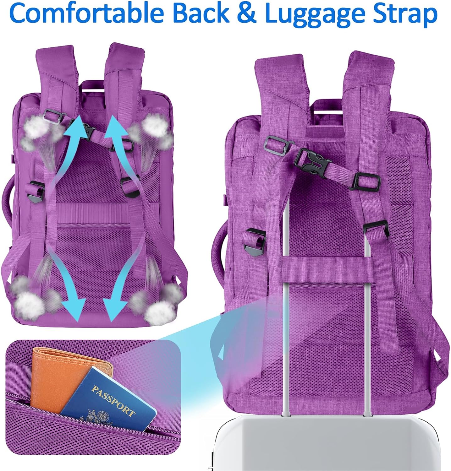 50L Carry On Backpack, Extra Large Laptop Backpack, Travel Backpack for Women, Expandable Water Resistant Big Bag Anti-Theft Business Daypack Fit 17 Inch Laptop with USB Port,Purple