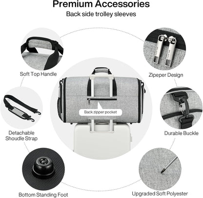 MILADA Convertible 2-in-1 Garment Duffel Weekender Bag Carry On Garment Bags for Travel Hanging Clothes Suit Bag Foldable Personal Item Business Overnight Bag with Shoe Compartment, Light Grey
