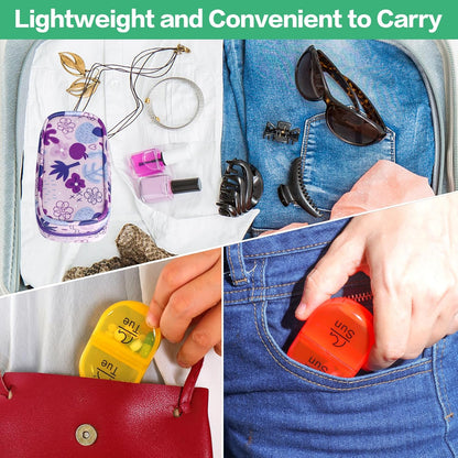 Serfeymi Weekly Travel Pill Organizer 2 Times A Day AM PM Upgraded Rainbow Pill Box 7 Day with Portable Zipper PU Leather Pill Case, Medicine Organizer for Pills, Vitamins, Fish Oils - Purple 02
