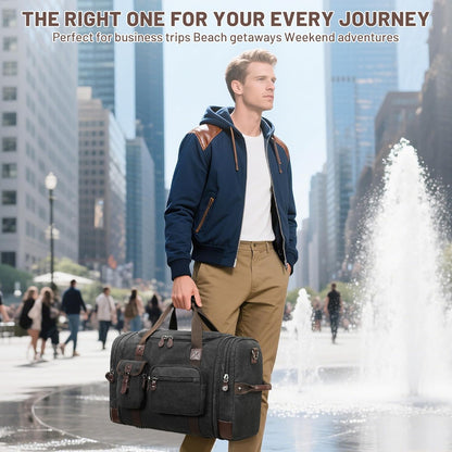 Travel Duffle Bag for Men, Heavy Duty Canvas Duffle Bag, Carryon Bags for Airplanes, Expandable Vintage Leather Overnight Luggage Weekender Bag, Waterproof Anti-tear Canvas Bag