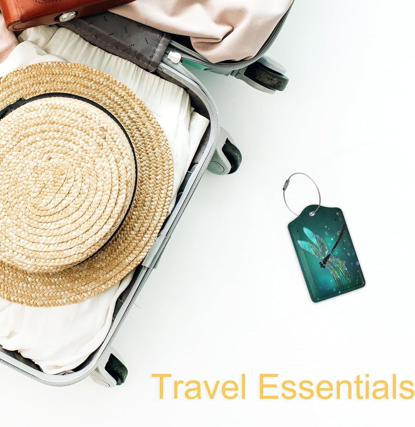 2 Pack Luggage Tag for Suitcase, Dragonfly Leather Suitcase Tags Identifiers with Privacy Name Address Labels & Durable Steel Loop for Women/Men Travel Fantasy Green Dragonfly