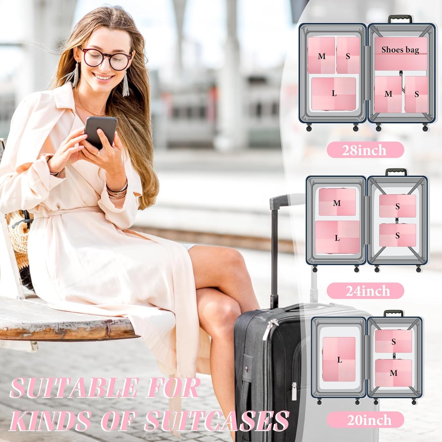8 Set Compression Packing Cubes Travel, Lightweight Expandable Travel Cubes Suitcase Organizer for Carry On Luggage Suitcase, Pink