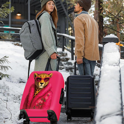 ANNA QUEEN Fashionable Leopard Luggage Cover, Leopard in Pink Coat and Sunglasses, Stretchable, Washable Travel Sleeve for 32-34 Inch Luggage