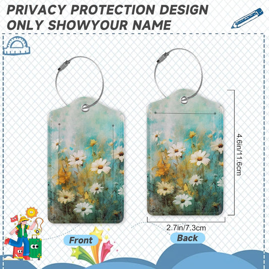 2 Pack Luggage Tag for Suitcase, Vintage Wild Flowers Leather Bag Tags Identifiers Privacy Cover ID Label with Durable Steel Loop for Women Men Kids Girls Travel