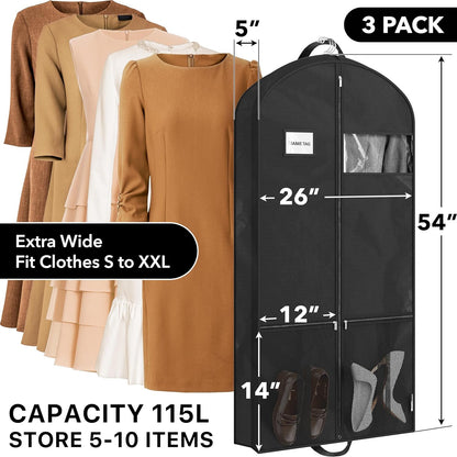 Simple Houseware 54-Inch Travel Garment Bag with Pockets, Non-Woven | Lightweight, Black, 3 Pack