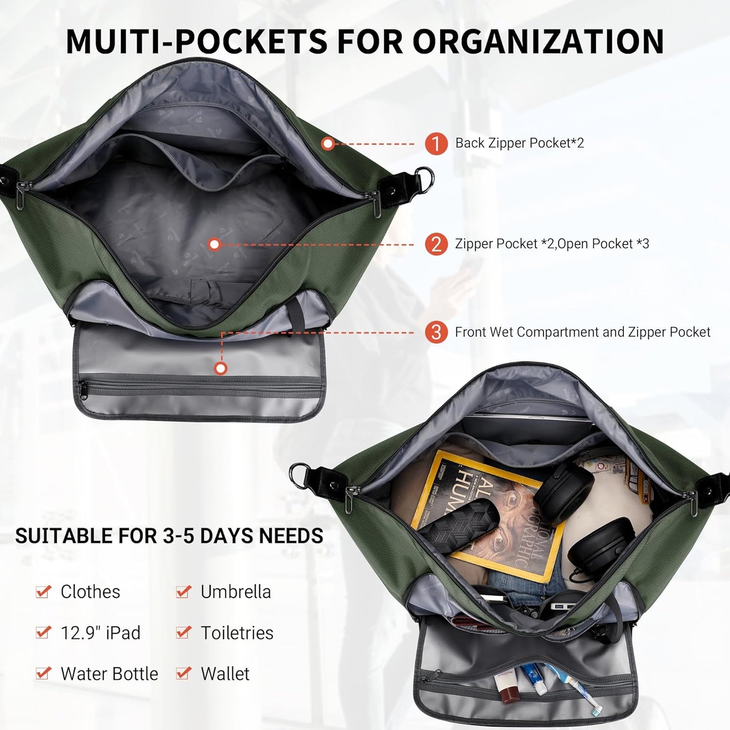 WITZMAN Travel Duffle Bags for Men Weekender Bags with Toiletry Bag Sets Carry On Overnight Bag 55L （B696 Army Green）