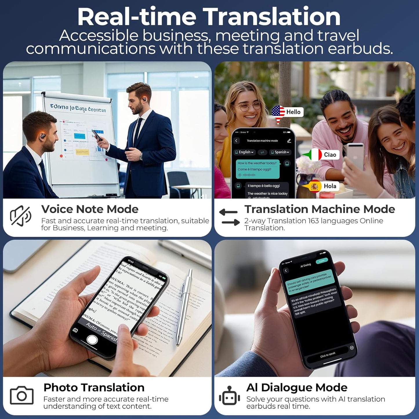 AI Translation Earbuds Real Time 80H Playtime 164 Languages Translator Ear Buds with Glowing Earhook Bluetooth Translating Headphones audifonos traductores inglés español for Travel Business Meeting