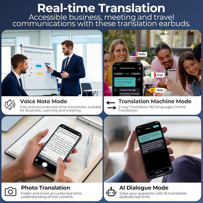 AI Translation Earbuds Real Time 80H Playtime 164 Languages Translator Ear Buds with Glowing Earhook Bluetooth Translating Headphones audifonos traductores inglés español for Travel Business Meeting