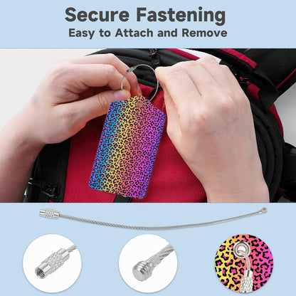 2 Pack Leather Luggage Tag for Suitcase Neon Rainbow Colored Leopard Print Unique Travel Tags with Privacy Cover ID Label & Stainless Steel Loop for Men and Women Baggage