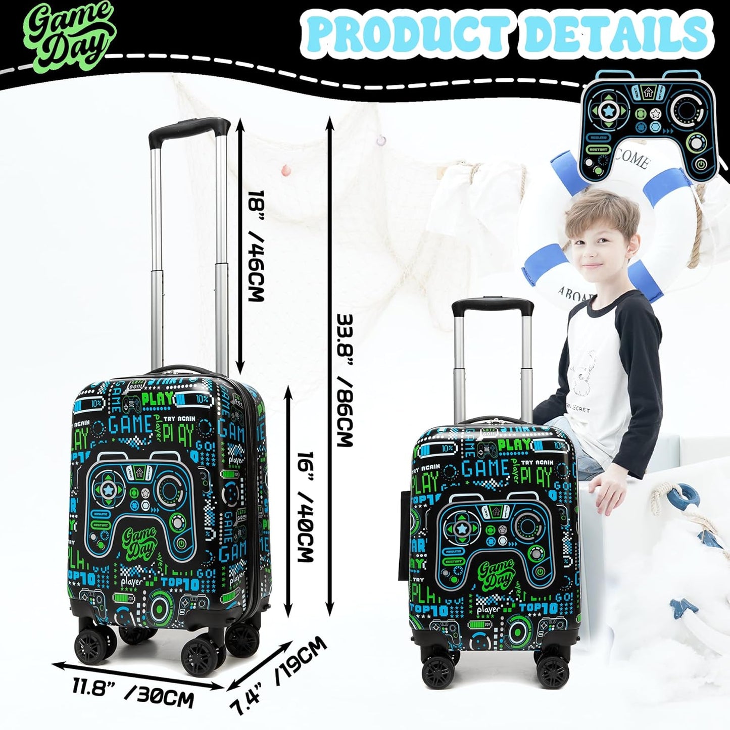 Kids Suitcase Set for Boys Hardside Luggage with Spinner Wheels 2 Piece 16inch Toddler Suitcase for Boys Travel Carry on Luggage Airline Approved