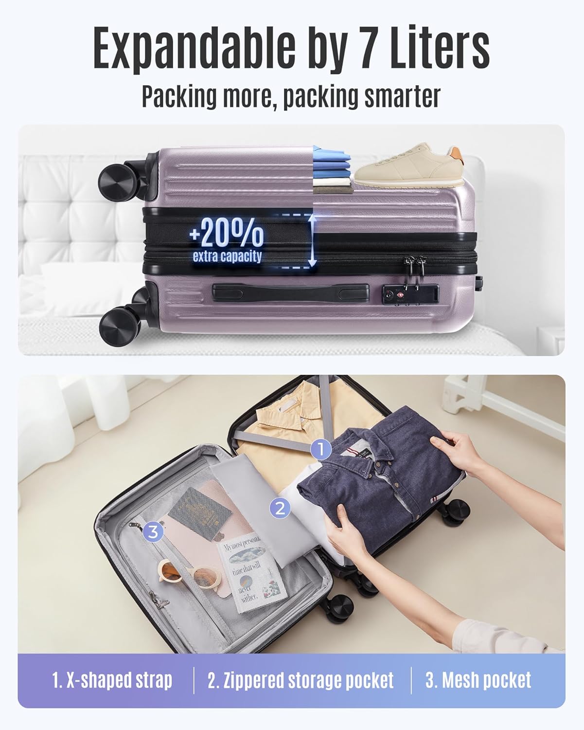 LIGHT FLIGHT Carry On Luggage 22x14x9 Airline Approved, Durable Hard Shell Carry On Suitcases with Wheels, Expandable Hardside Lightweight Travel Luggage with TSA Lock 20 Inch Carry on, Rose Purple