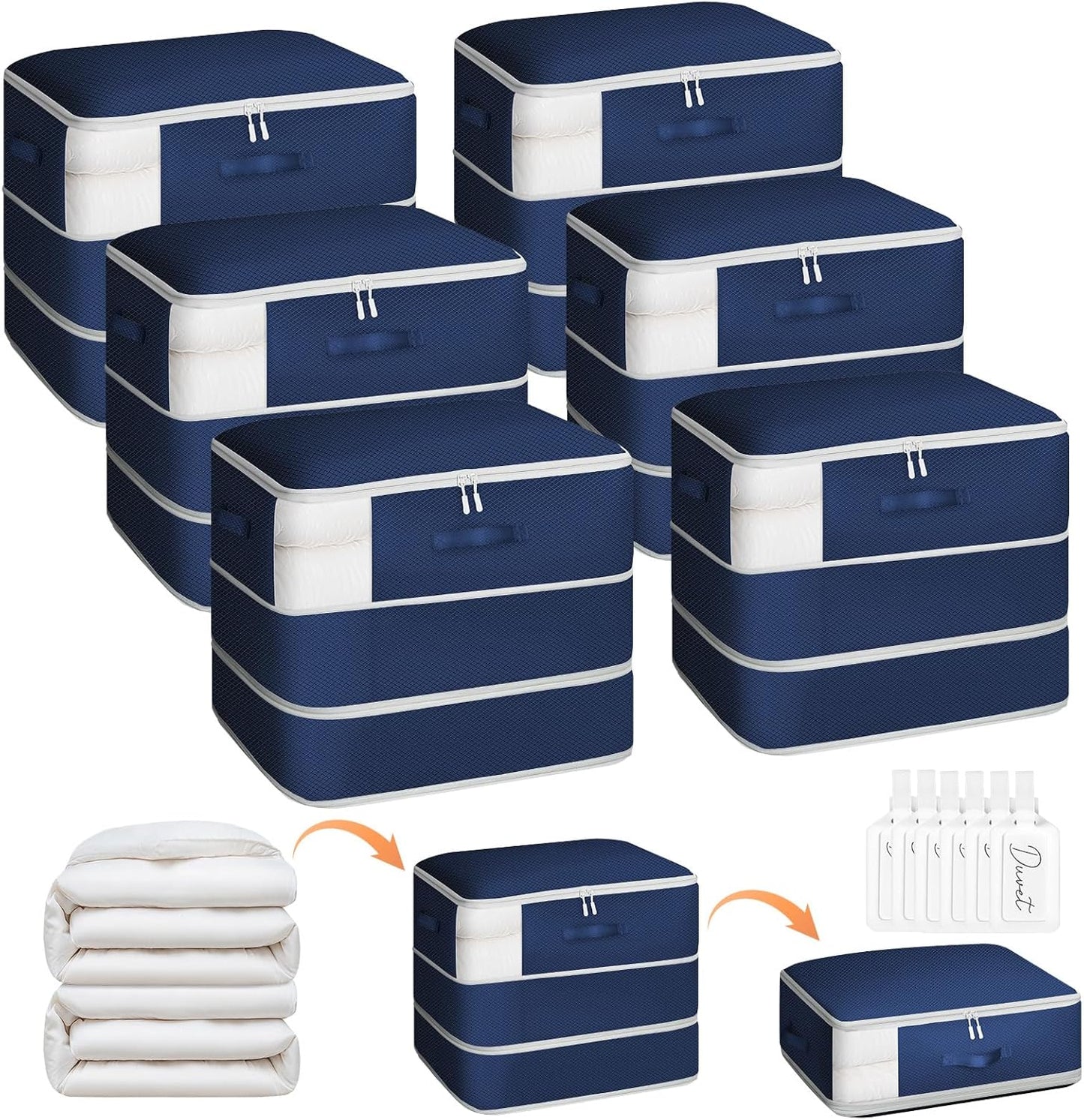 6 Pack Compression Storage Bags - 110L Large Capacity Comforter Storage Bag, 3-Layer Washable Ultra Space Saving Self Compression Organizer Space Bags for Blankets, Sweater, Sheet, Navy Blue