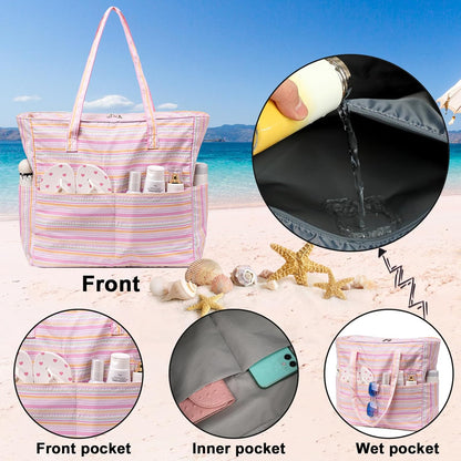 Waterproof Beach Tote Pool Bags for Women Ladies Extra Large Gym Tote Carry On Bag With Wet Compartment for Weekender Travel