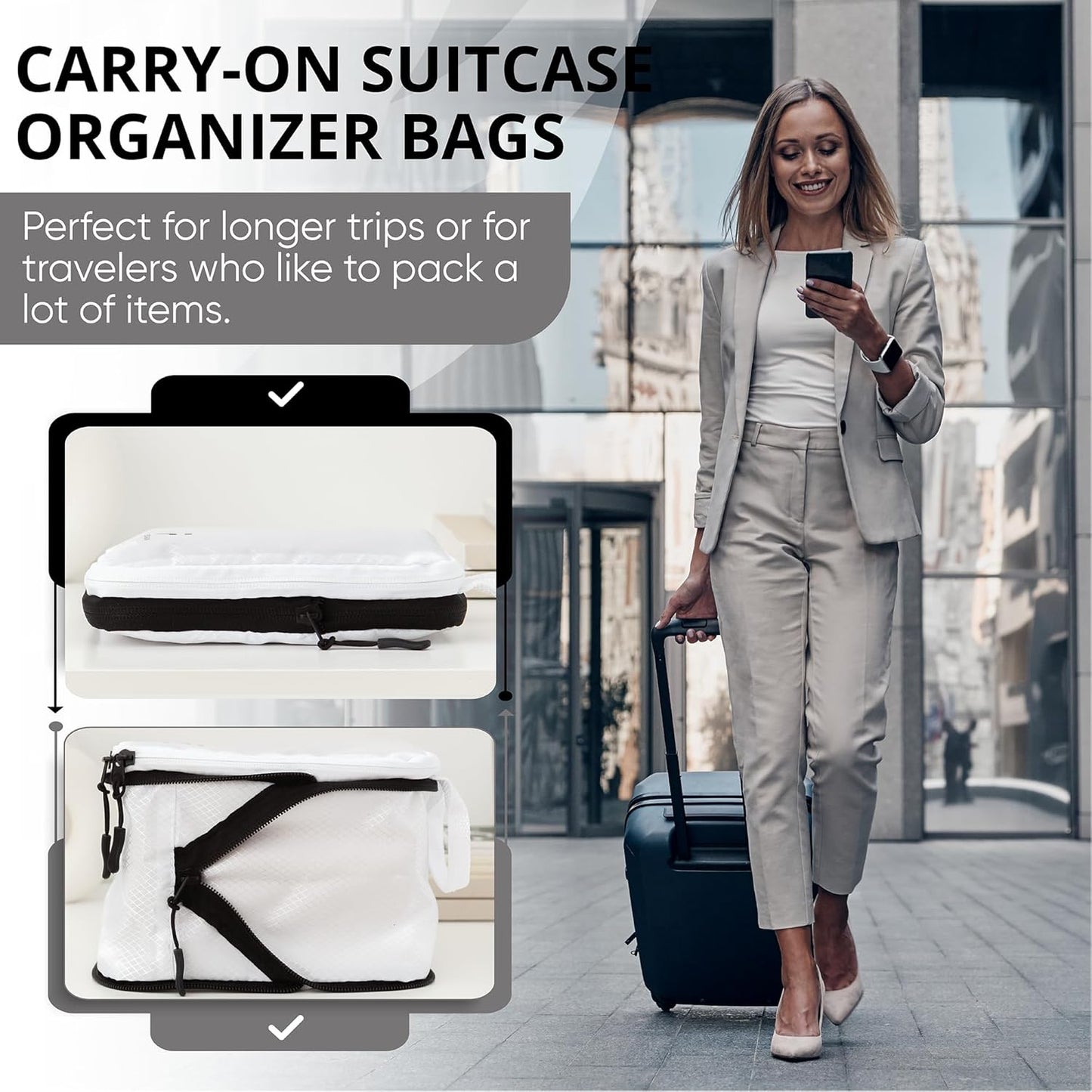 8 Piece Compression Packing Cubes Set - Double Capacity Design for Travel - Small, Medium & Large Sizes - Carry-On Suitcase Organizer Bags (White)