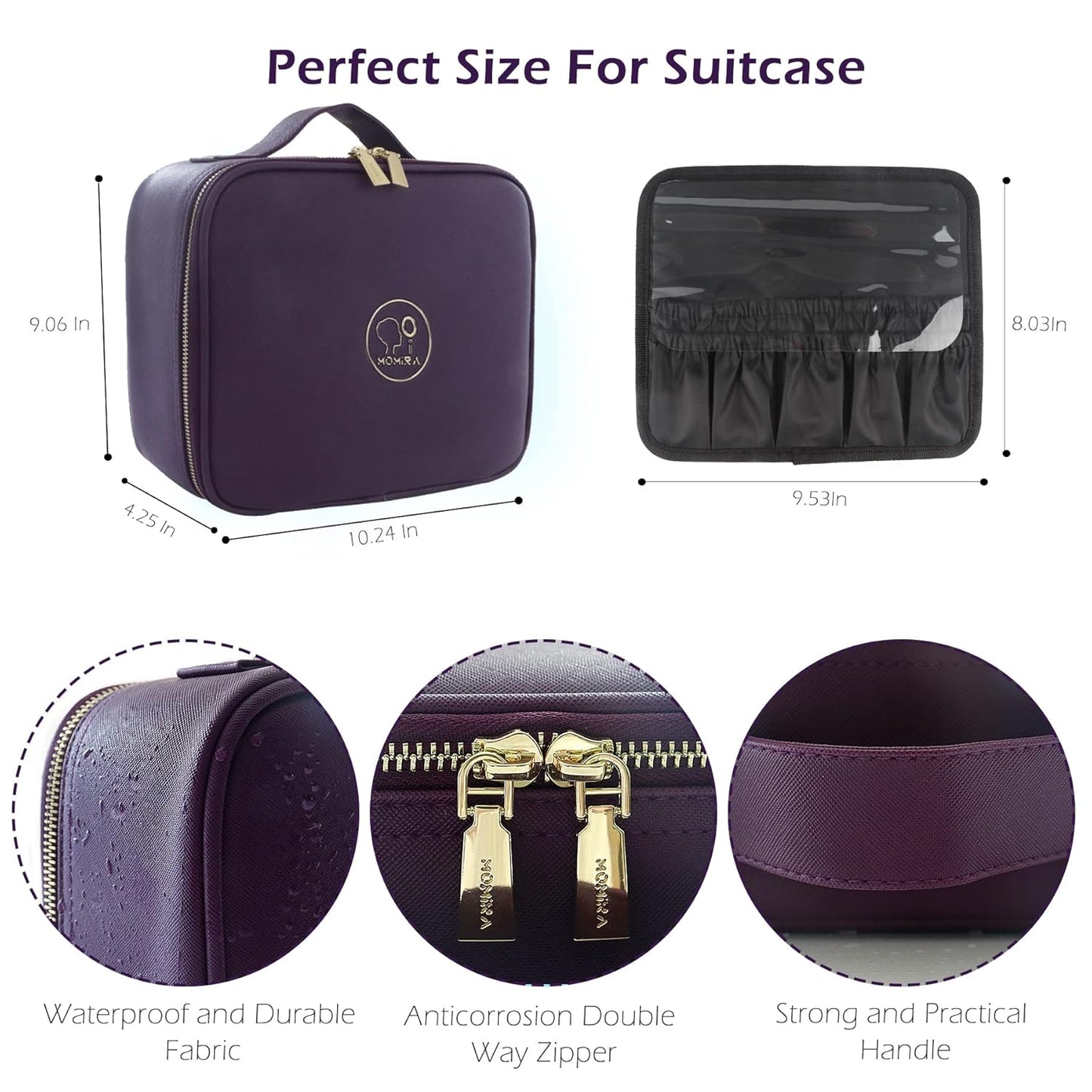 MOMIRA Travel Makeup Bag Cosmetic Bag Makeup Organizer Bag with Lighted Mirror, Adjustable Brightness in 3 Color Scenarios, Waterproof Makeup Train Case, Gift for Women - Deep Purple