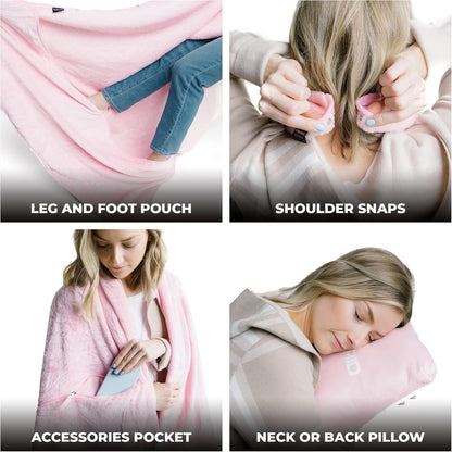 Lightweight Travel Blanket - Premium & Compact Airplane Wearable Blanket with Neck Snaps, Cozy Foot Pockets, Zipper Pouch - Converts into Soft Pillow - Designed for Ultimate Comfort - Rose