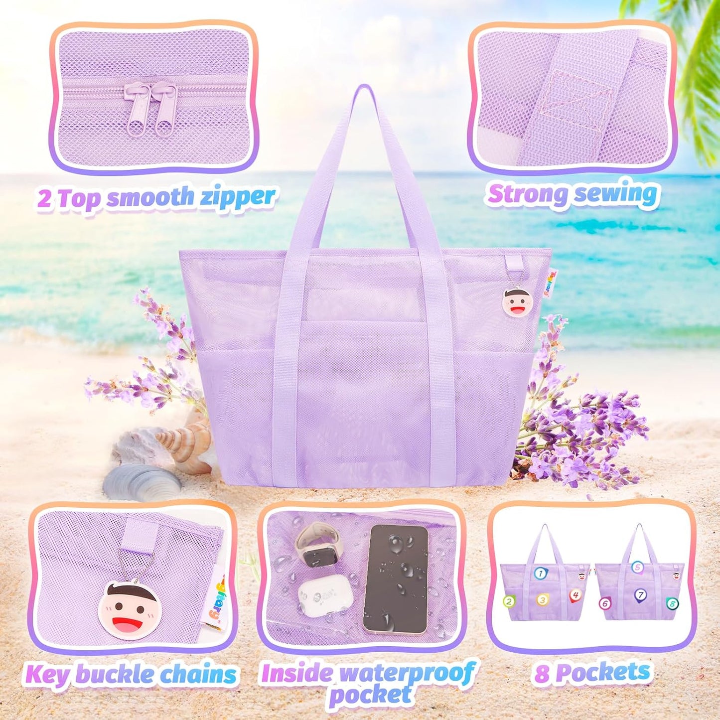 Tagitary Mesh Beach Bag with Zipper Large Beach Tote Waterproof Sandproof with 8 Pockets for Toys Pool Bag Beach Accessories