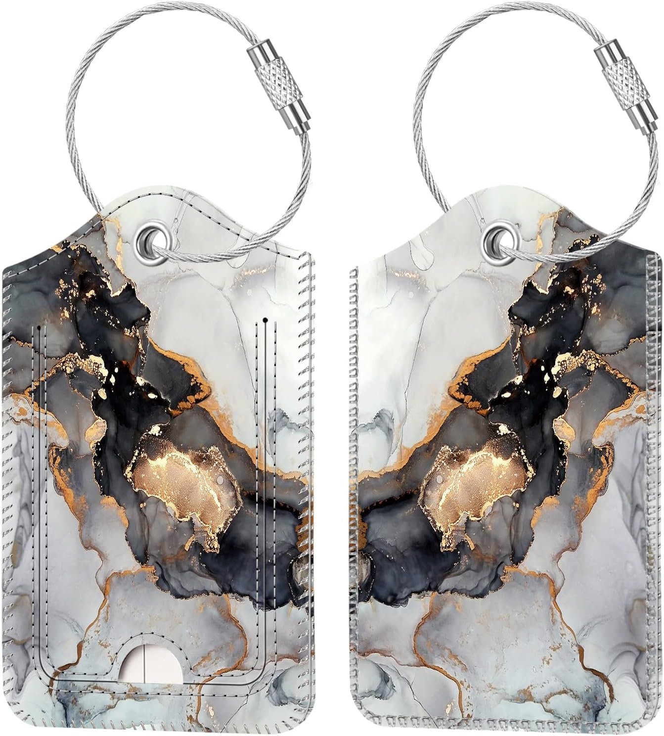 Fintie Luggage Tags, Privacy Cover ID Label with Stainless Steel Loop and Address Card for Travel Bag Suitcase - Cloudy Marble (2 Piece)