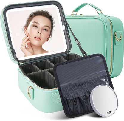 Mocado Travel Makeup Bag with LED Lighted Mirror, Travel Makeup Organizer, Makeup Case with 3 Color Lighted Setting and 10x Magnifying Mirror, Portable Storage and Adjustable Dividers (Powdery Green)