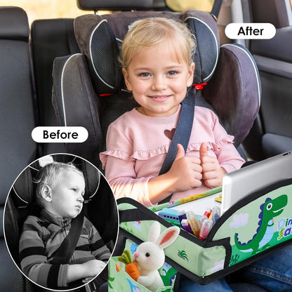 Kids Travel Tray, Kids Travel Trays for Car Seat, Road Trip Essentials for Toddler, Carseat Lap Tray with Dry Erase Board & Storage Organizer for Road Trip Activities for Kid, Green