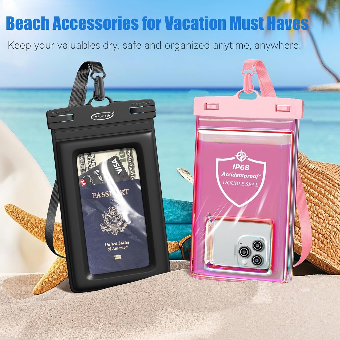 AiRunTech Waterproof Phone Pouch,Floating Waterproof Phone Case with Adjustable Lanyard,Beach,Cruise,Vacation Essentials,Summer Travel Phone Protector-2 Pack(Black + Pink)