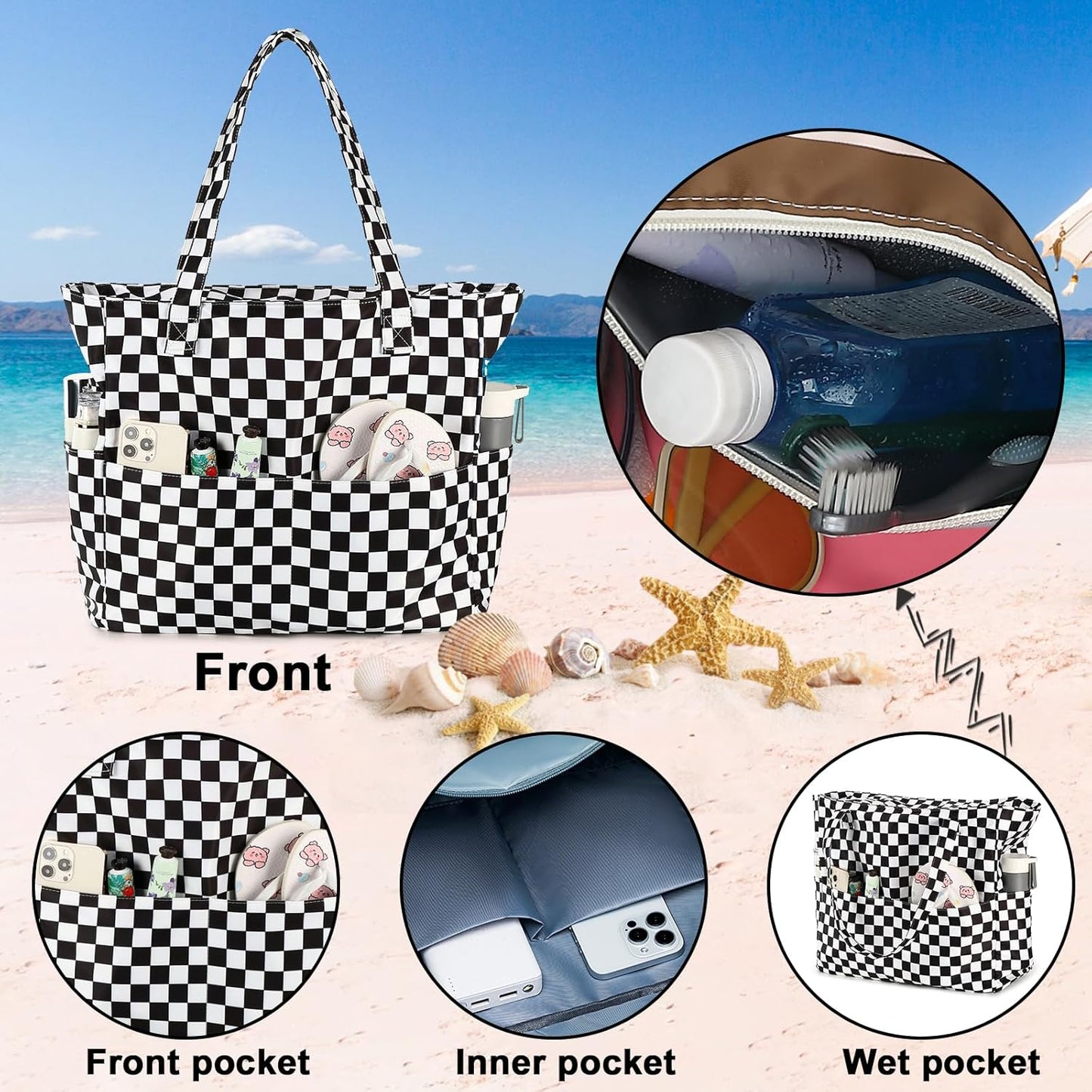 Waterproof Beach Tote Pool Bags for Women Ladies Extra Large Gym Tote Carry On Bag With Wet Compartment for Weekender Travel