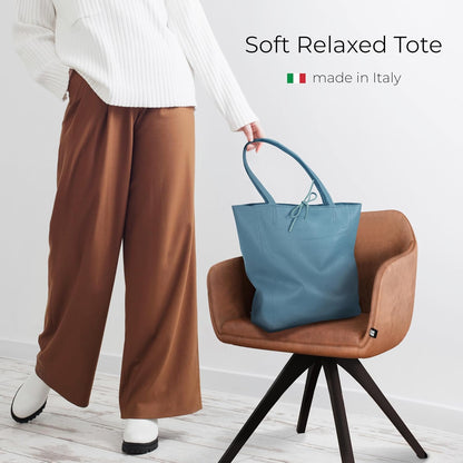Italian Calf Leather Tote for Women with Zipper, Inner Pocket & Flat Base | Soft Unlined Shopper for Work & Travel