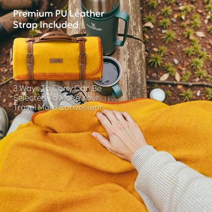 100% Wool Blanket, 62" x 86", Warm, Thick, Washable, Military Wool Blanket, Great for Camping, Outdoors, Sporting Events, Survival Kits, Yellow