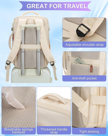 42L Travel Laptop Backpack, Expandable Carry-on Luggage, Anti-Theft Business Weekender Bag with USB Port, 3 Packing Cubes & Shoe Bag (Beige)