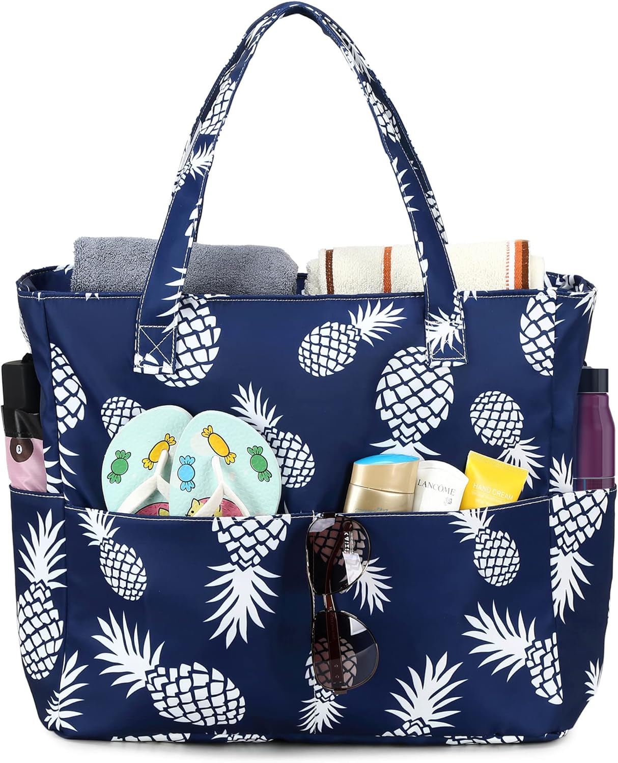 LEDAOU Large Beach Tote Bag Women Waterproof Sandproof Zipper Beach Tote Bag for Pool Gym Grocery Travel with Wet Pocket