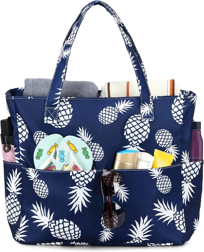 LEDAOU Large Beach Tote Bag Women Waterproof Sandproof Zipper Beach Tote Bag for Pool Gym Grocery Travel with Wet Pocket