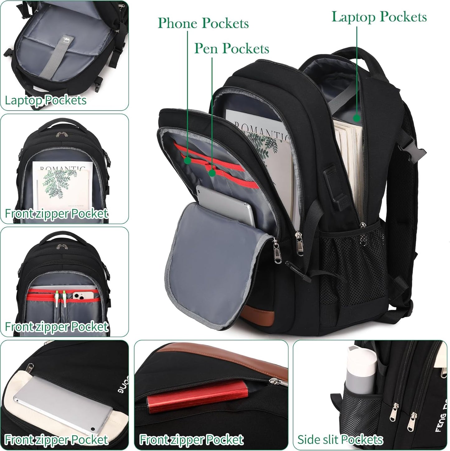 FENGDONG 17.3 inch Large Laptop Backpack Travel College Backpack Waterproof Bookbag for Men & Women Business Backpack with USB Charging Port and Headset Port Black White