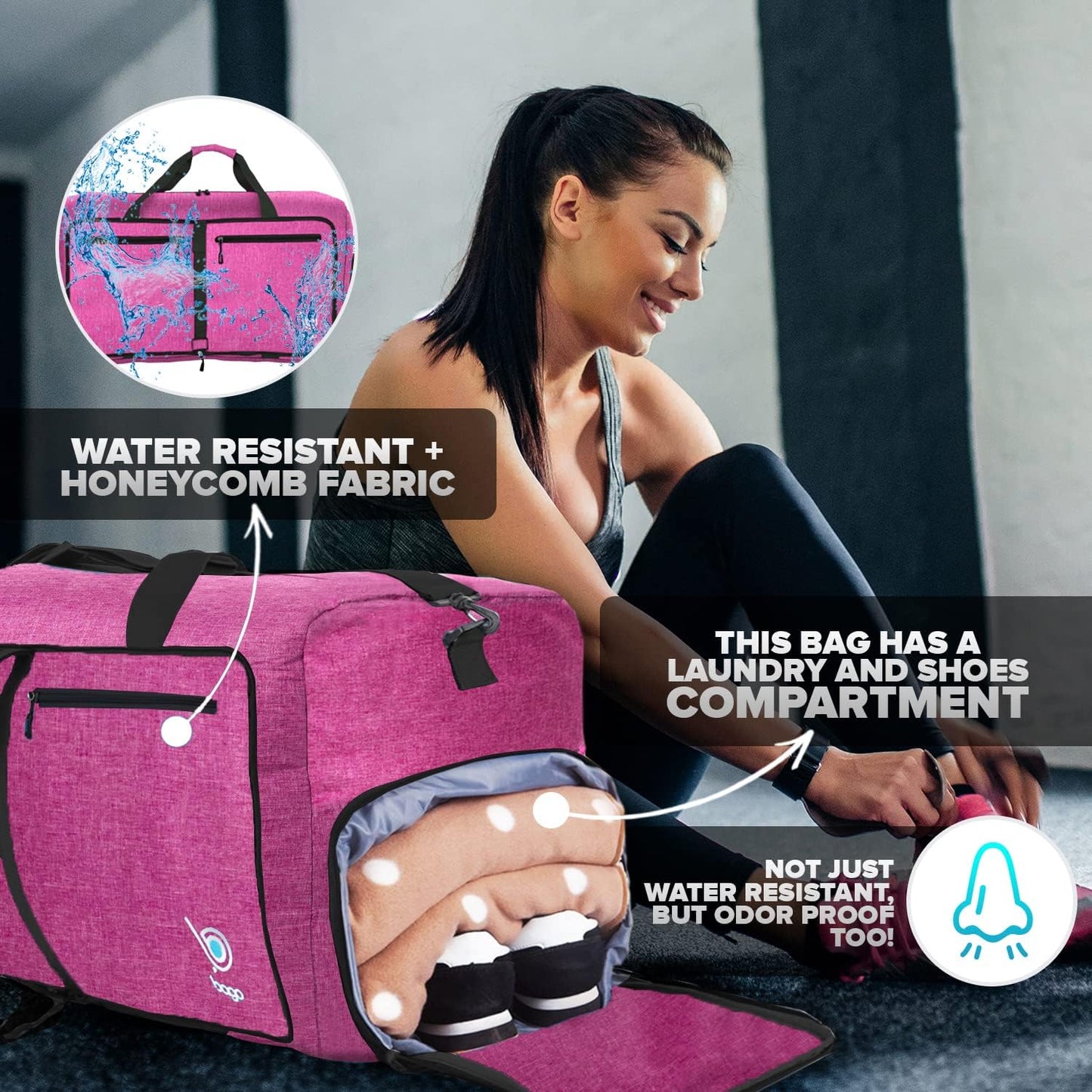 Bago Large Foldable Duffel Bags for Traveling Women & Men - 80L Packable Duffle Bag for Travel with Shoe Compartment - Water Repellant, Heavy Duty, Lightweight Folding & Collapsible (SnowPink)