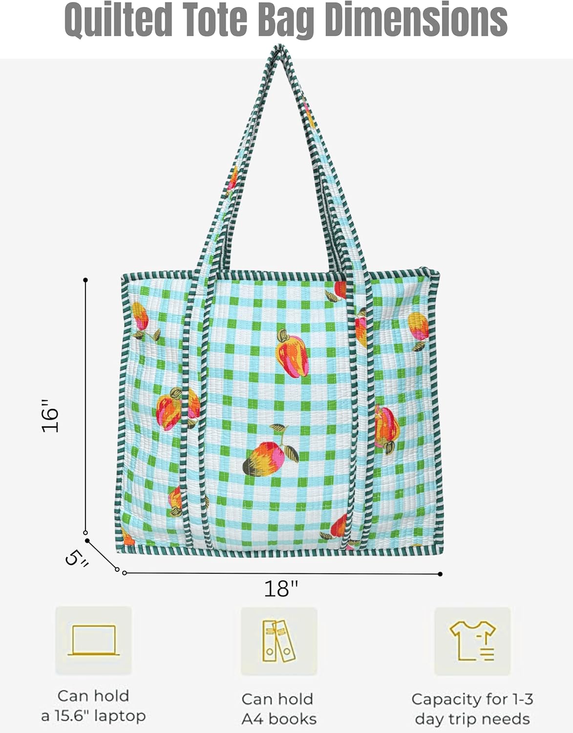 Cotton Quilted Tote Bag for Women – Large Beach & Travel Tote with Zipper, Reusable Grocery Bag