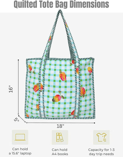Cotton Quilted Tote Bag for Women – Large Beach & Travel Tote with Zipper, Reusable Grocery Bag