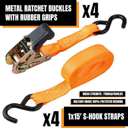 Cartman 1" x 15' Ratchet Tie Down up to 1500lbs 4pk in Carry Bag, with 18" Soft Loop Tie-Down Straps & 32" Bungee Cord