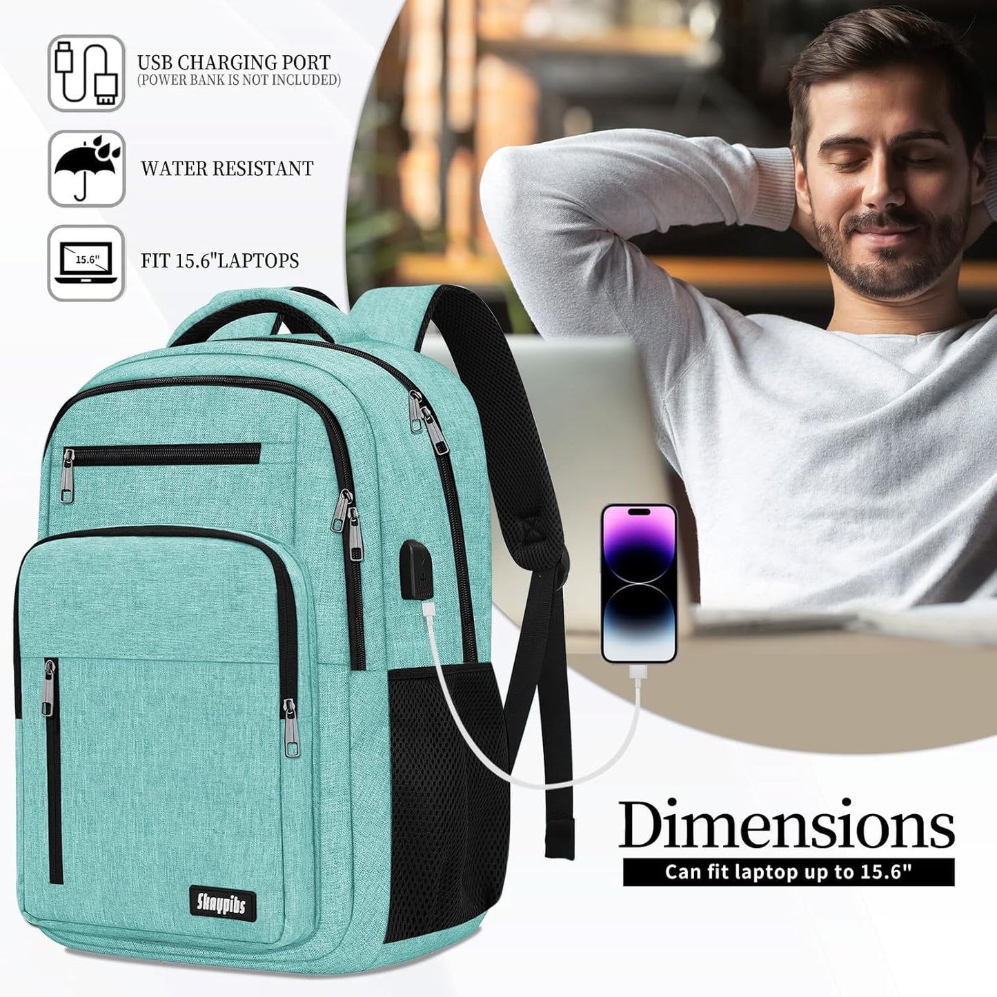 Backpack for Women Men, School Backpack for Boys Girls Teens, 15.6 Inch Laptop Backpack with USB Port, College Middle High School Bookbag, Water Resistent Business Mochila para hombre, Cyan