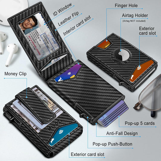 Airtag Wallet for Men,with Money Clip Gift Boxed,Slim Front Pocket Wallet RFID Blocking Metal Case Smart Pop-up Credit Card Holder in Magnetic Leather Flip
