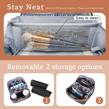 BOYATU Travel Makeup Bag Cosmetic Bags for Women: 3 Pcs Set Large Portable Make up Bag with Handle - Vegan Leather Toiletry Bags with Compartments - Makeup Organizer for Travel Essentials(01-Black)