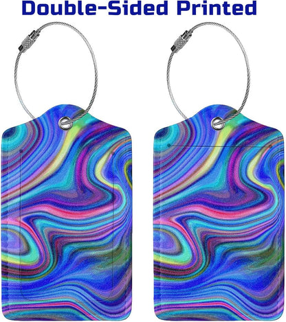 2-Packs Blue Purple Abstract Art Luggage Tags for Suitcases, Colorful Travel Label Tag with Privacy Cover Address Name ID & Stainless Steel Loop for for Adults Teens