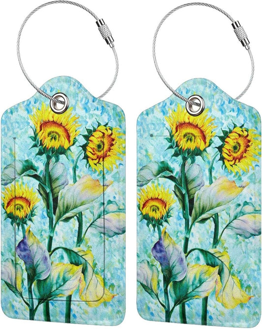 2 Pack Sunflower Luggage Tags for Suitcases Women Men Kids, Bag Tags for Leather Luggage with Waterproof Suitcase Tags Privacy Cover Name ID Label Steel Loop for Travel Bag Suitcase