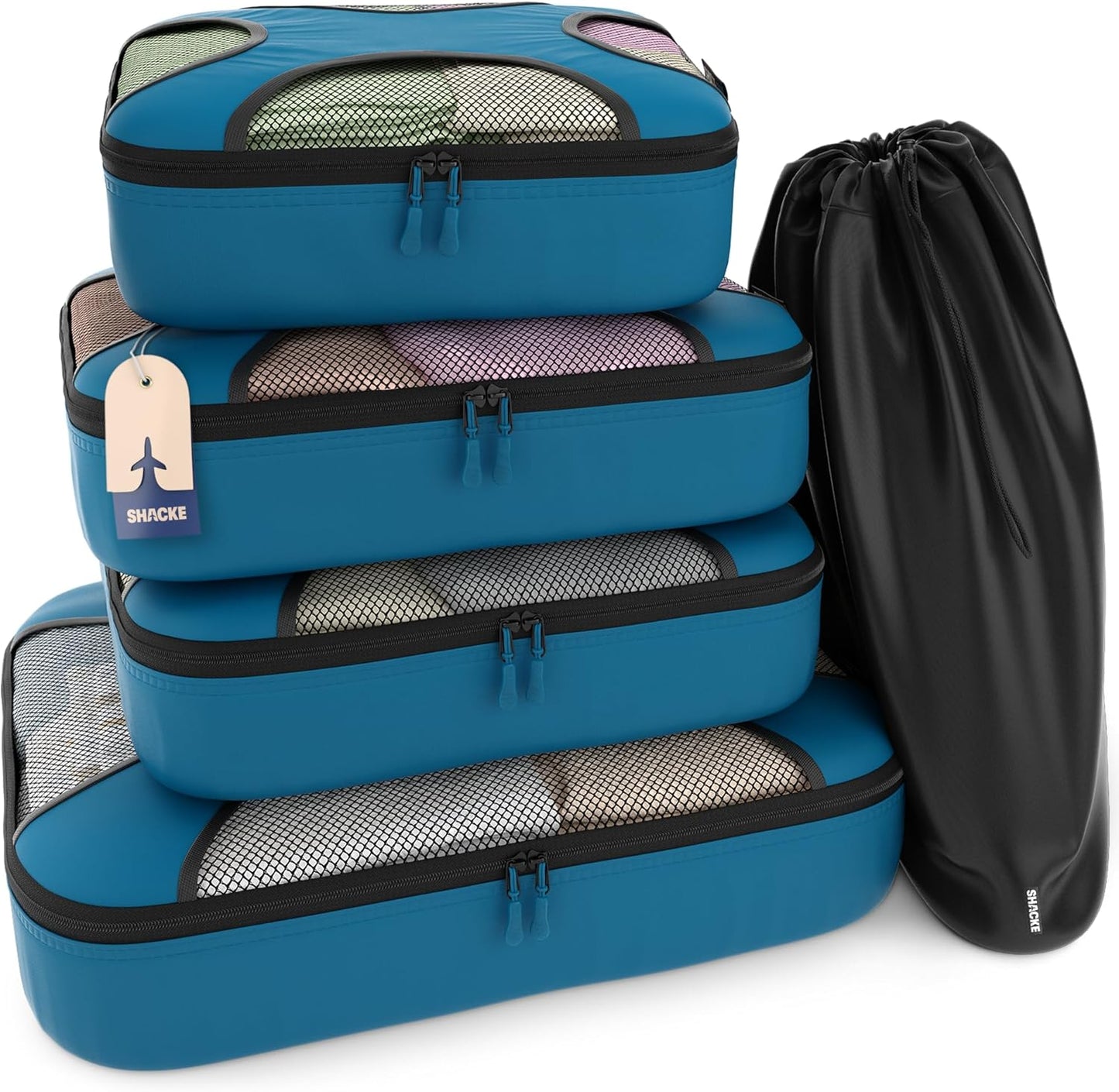 Shacke Premium 5 Packing Cubes Set - Lightweight Mesh Travel Luggage Organizers with Laundry Bag, 5-Piece Suitcase Storage System (Gentlemen's Blue)