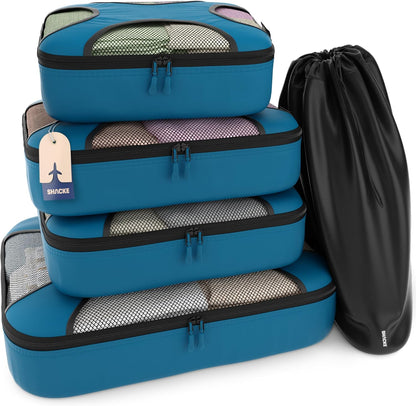 Shacke Premium 5 Packing Cubes Set - Lightweight Mesh Travel Luggage Organizers with Laundry Bag, 5-Piece Suitcase Storage System (Gentlemen's Blue)