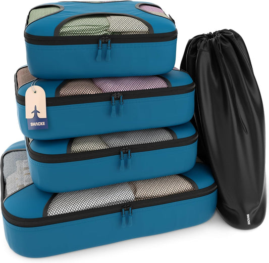 Shacke Premium 5 Packing Cubes Set - Lightweight Mesh Travel Luggage Organizers with Laundry Bag, 5-Piece Suitcase Storage System (Gentlemen's Blue)