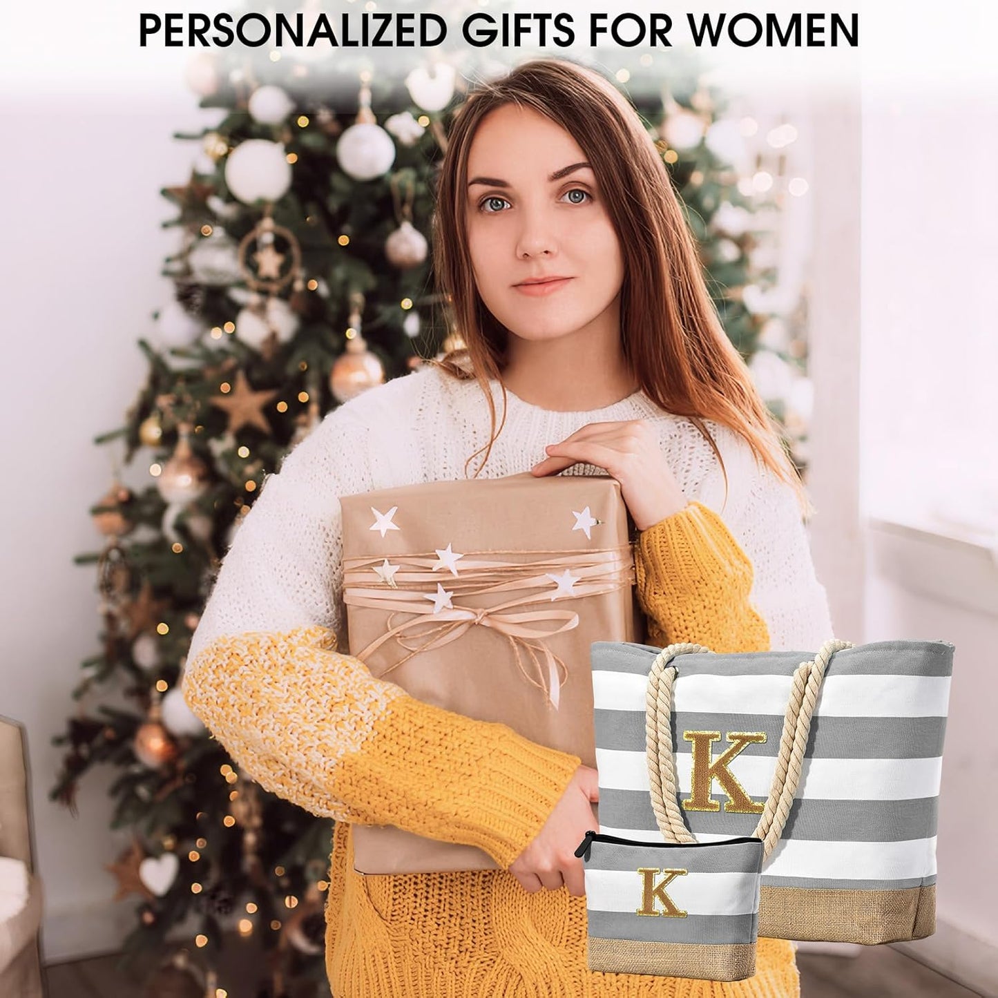 Becokan Beach Bag Initial Beach Tote with Makeup Bag for Travel Work Storage Personalized Birthday Gifts for Women Her