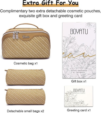 BOYATU Travel Makeup Bags for Women: Large Cosmetic Bag Waterproof - Vegan Leather Make up Bag Set of 3 - Compact Toiletry Organizer with Compartments & Handle & Divider (Z-Brown)
