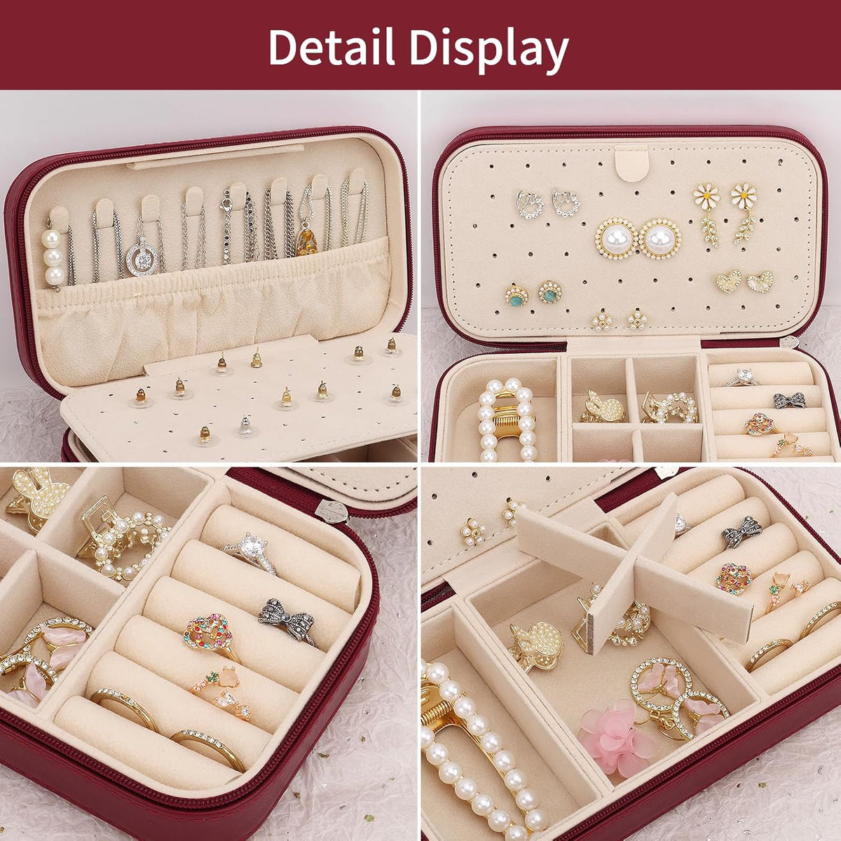 DesignSter Travel Jewelry Box, PU Leather Portable Jewelry Case, Small Jewelry Boxes for Gifts, Travel Jewelry Organizer for Women Rings Earrings Necklaces Bracelets (Wine Red)