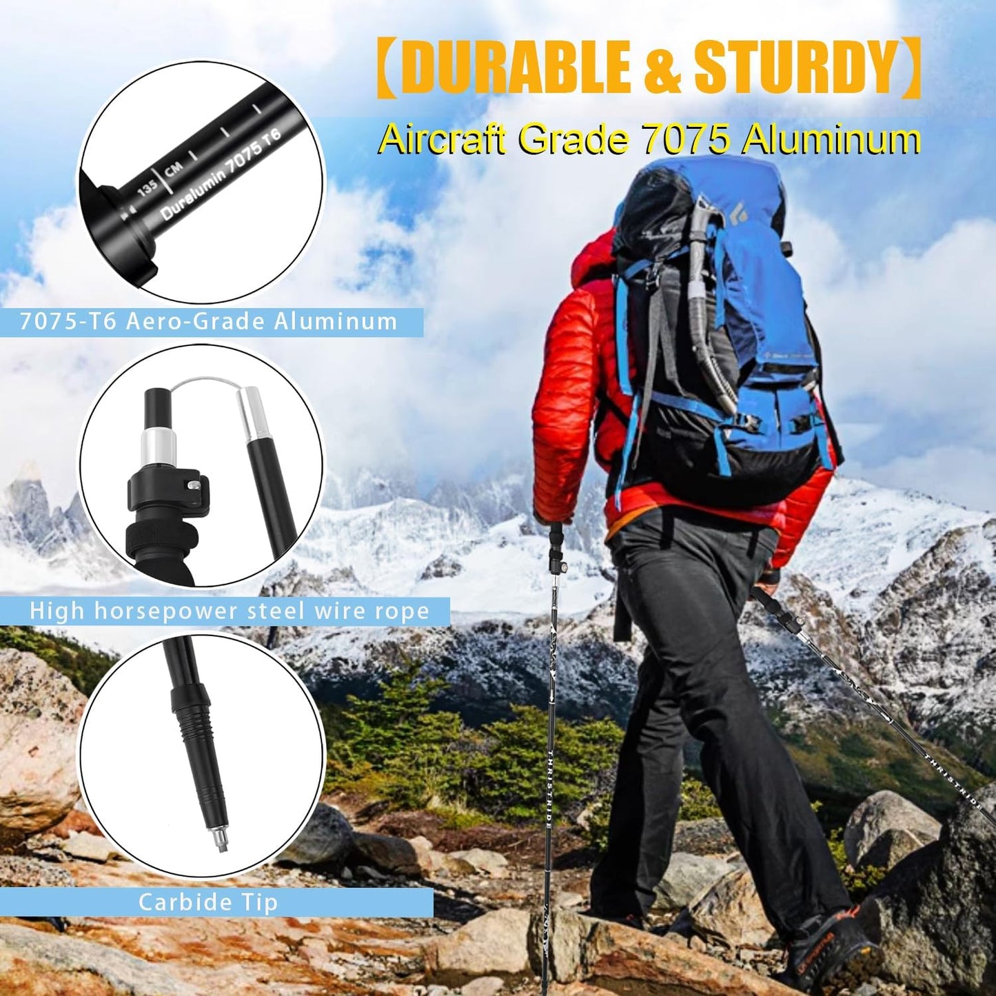 Trekking Poles Aviation Grade Aluminum Alloy-Strong Lightweight Collapsible Walking Sticks for Hiking Poles for Women, Men,Seniors in The 4 Season,All-Terrain,2pc Per Set