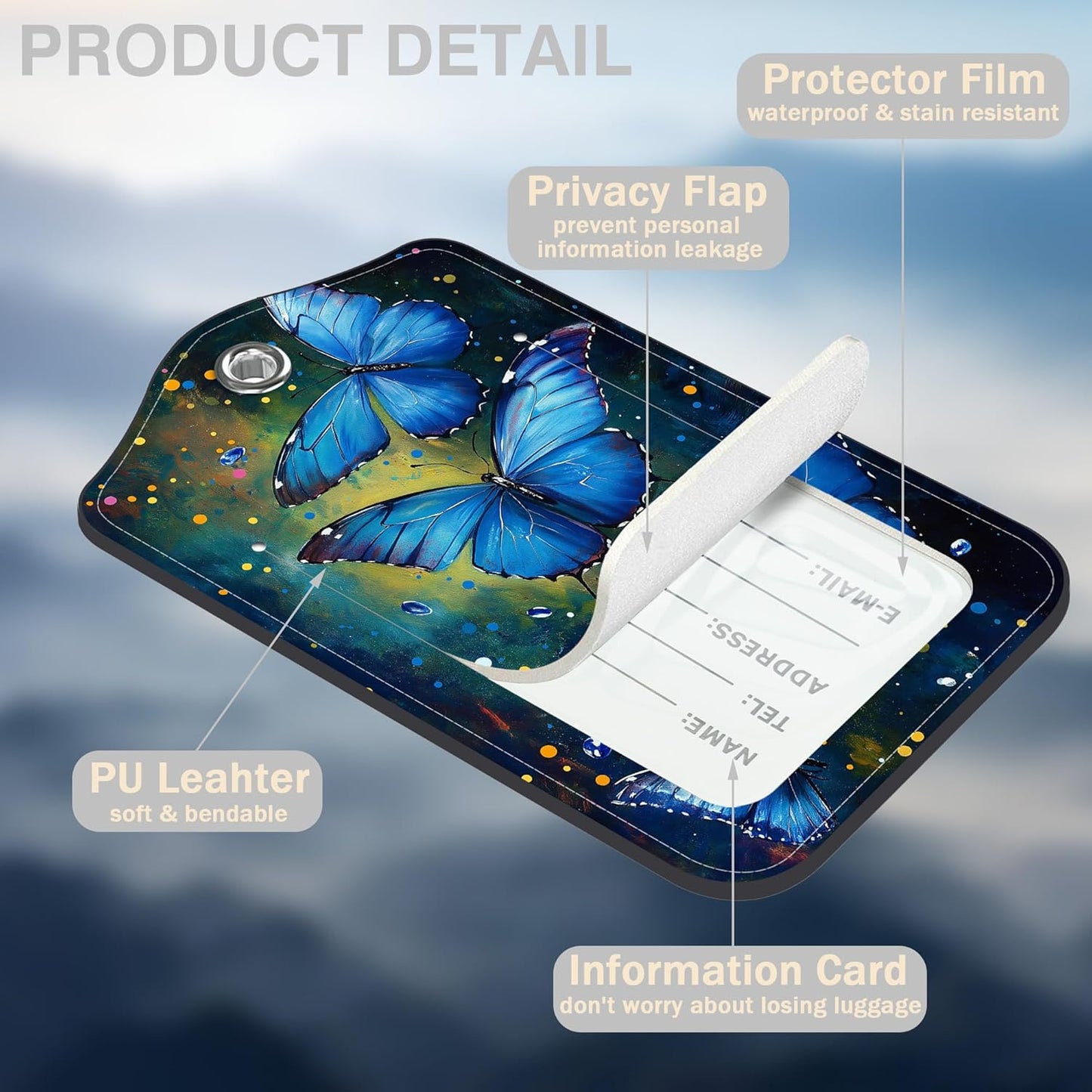 2 Pcs Watercolor Blue Butterfly Luggage Tags for Suitcases PU Leather Baggage Tags Name ID Label with Privacy Cover and Stainless Steel Loop for Men Women Travel Bag Suitcase